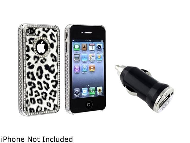 Insten Grey Leopard with Diamond Circle Snap-on Case+Black Universal USB Mini Car Charger Adapter Compatible With Apple iPhone 4 4S