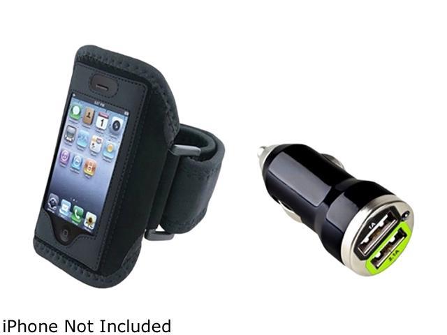 Insten Black Deluxe ArmBand+Black Universal Dual USB Mini Car Charger Adapter Compatible With Apple iPhone 4 4S