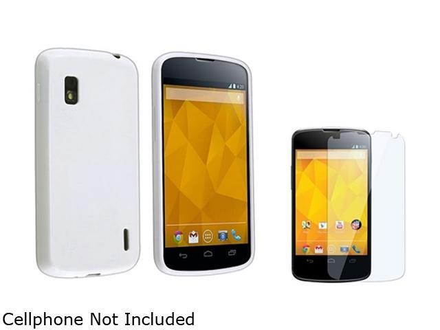 Insten White Jelly TPU Rubber Skin Case Cover + Clear Reusable Screen Protector Shield Compatible with LG Nexus 4 E960