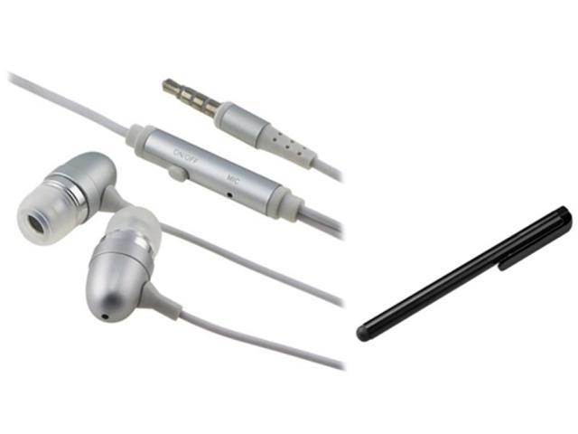 Insten Silver / White 3.5mm In-Ear Stereo Headset w/ On-off & Mic+Black Touch Screen Stylus Compatible With HTC EVO 3D Amaze Rezound Titan II