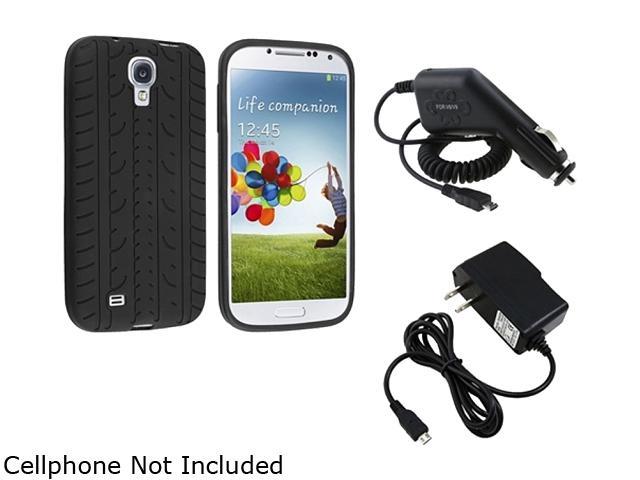 Insten Black Tyre Silicone Skin Cover Case + Travel/Wall Charger + Car Charger Compatible with Samsung Galaxy S4 / S IV / i9500