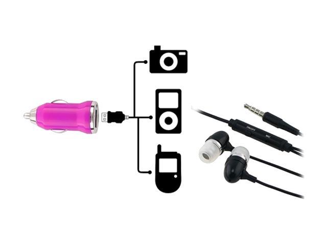 Insten Black 3.5mm In-Ear Stereo Headset w/ On-off & Mic+Hot Pink USB Mini Car Charger Adapter Compatible With Samsung Galaxy S3 i9300 i535 T999 L710