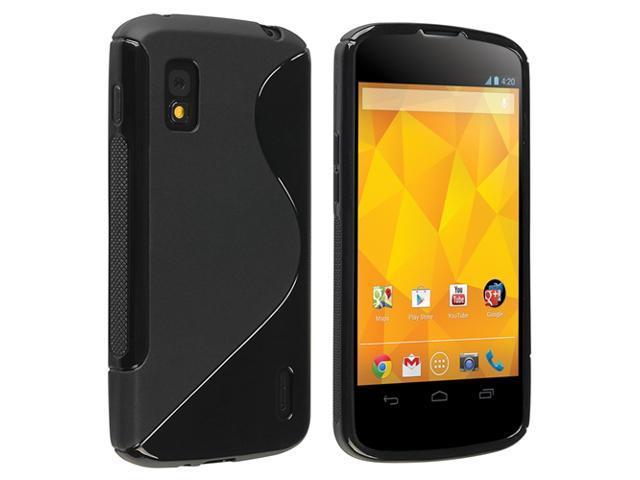 Insten Black S Shape TPU Rubber Skin Case + Anti-Glare Screen Protector Compatible with LG Nexus 4 E960