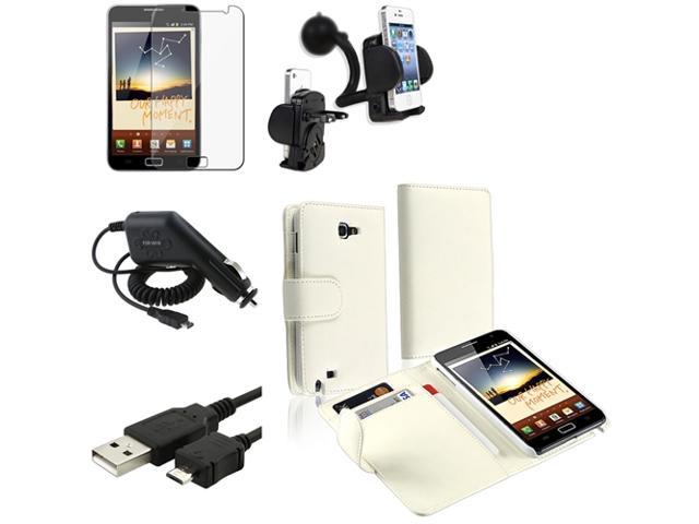 Insten 5in1 Accessory Flip Leather Case+Charger+Car Mount For Samsung Galaxy Note N7000