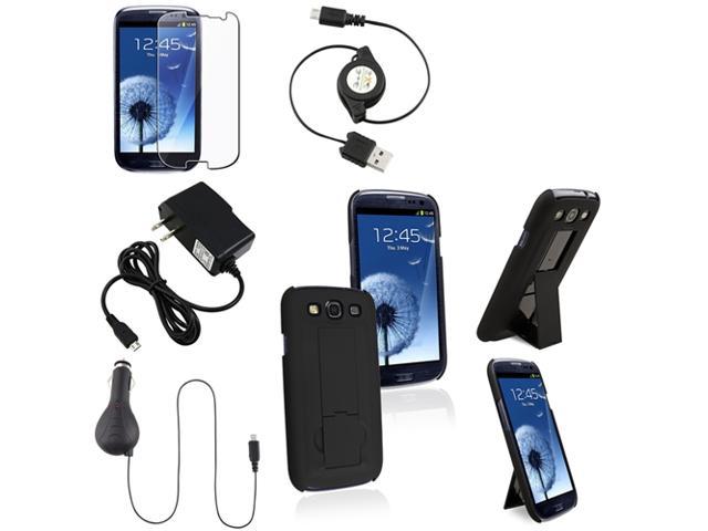 Insten Black Hard Phone Stand Case+Clear Film+Charger For Samsung Galaxy SIII S3 i9300