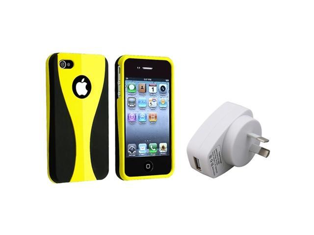 Insten Yellow/Black 3-Piece Plastic Snap on Cup Shape Case + Home Charger Compatible With iPhone 4 4G 4S