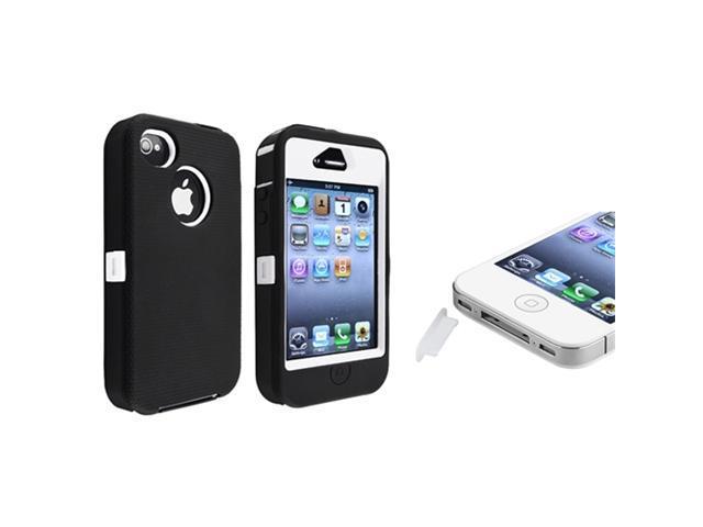 Insten White Hard/ Black Skin Hybrid Case + Clear Docking Port Cap compatible with Apple iPhone 4/4s