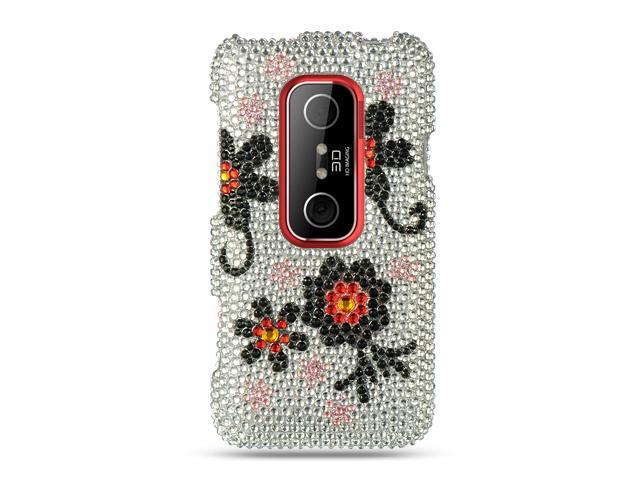 HTC EVO 3D Silver with Black Daisy Design Full Diamond Case