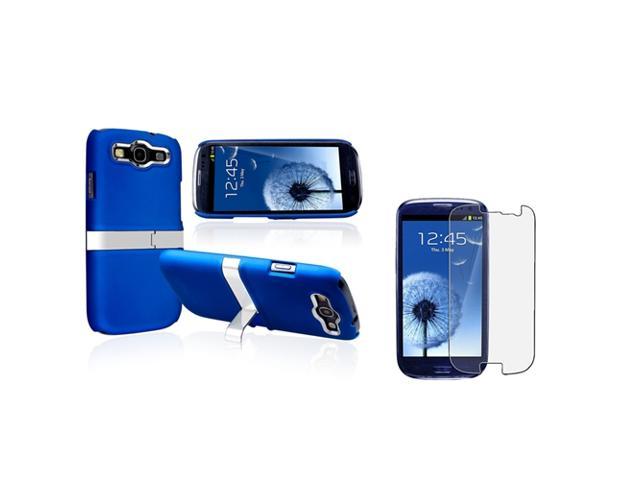 Insten Blue/ Silver Snap-on Rubber Coated Case with Stand + Anti-glare Screen Protector compatible with Samsung Galaxy SIII / S3