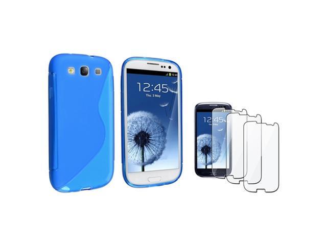 Insten Clear Blue S Shape TPU Rubber Case + 3-piece Screen Protector compatible with Samsung Galaxy SIII / S3