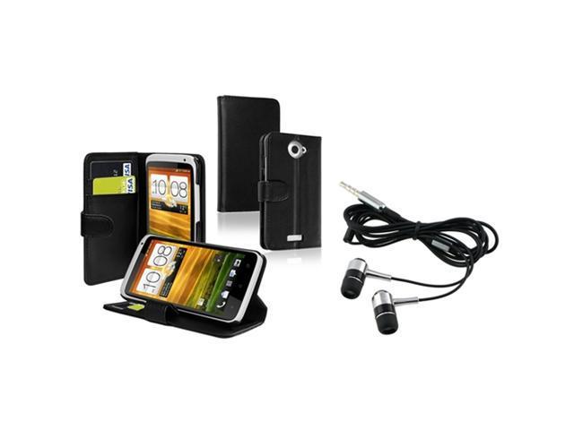 Insten Black Credit Card Wallet Leather Case + In-ear (w/on-off) Stereo Headsets Compatible With HTC One X