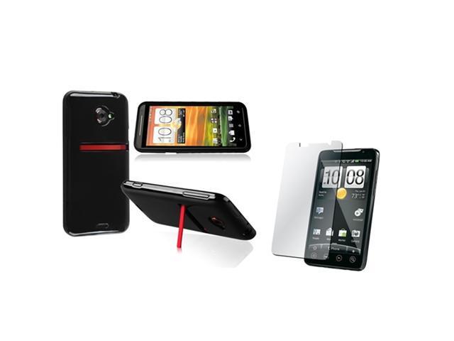 Insten Black Jelly TPU Rubber Skin Case + Reusable Screen Protector Compatible with HTC EVO 4G LTE