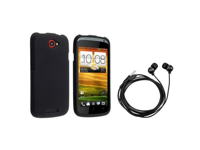Insten Black Rubber Coated Case + On-off & Mic Stereo Headsets for HTC One S / Ville