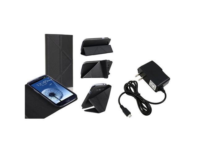 Insten Black Leather Flip Foldable Stand Case with Travel/Wall Charger Compatible With Samsung Galaxy SIII / S3