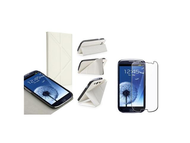 Insten White Foldable Stand Leather Flip Case + Reusable Screen Protector Compatible With Samsung Galaxy SIII / S3
