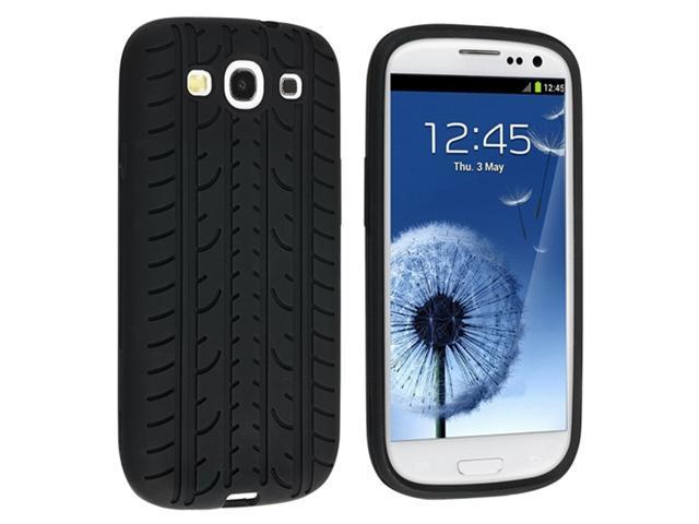 Insten Black Tire Silicone Skin Case Cover Cover + Privacy Filter Screen Protector Compatible with Samsung Galaxy SIII / S3