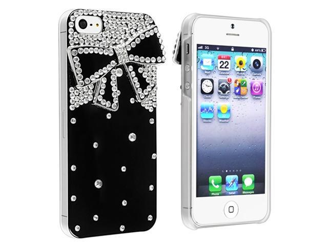 Insten Black with Diamond and Ribbon Snap-on Case Cover + 2 LCD Kit Reusable Screen Protector compatible with Apple iPhone 5