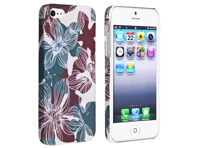 Insten Blue Red Flower Rear Style 30 Rubber Coated Case Cover + 2 LCD Kit (Front & Back) Anti-Glare Screen Cover compatible with Apple  iPhone  5