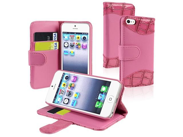 Insten Hot Pink Crocodile Skin Card Holder Leather Case Cover + Mirror Screen Cover Compatible With Apple iPhone 5 / 5s 818820