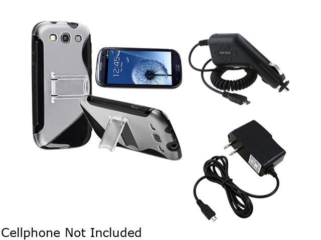 Insten 675025 Black TPU Rubber Skin Case w/ Stand & Travel Charger & Car Charger For Samsung Galaxy S3