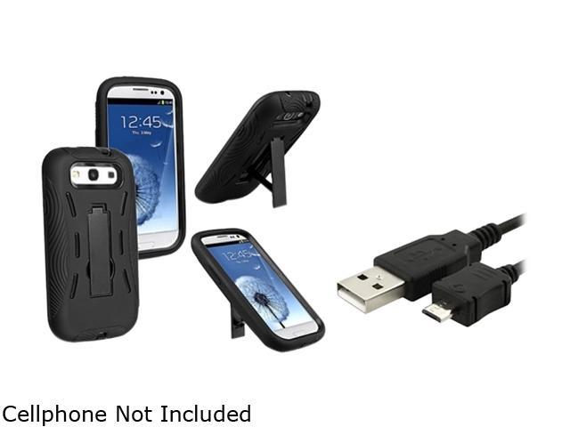 Insten Black Hard / Black Skin Hybrid Case w/ Stand & Data / Charging Cable For Samsung Galaxy S3 675003