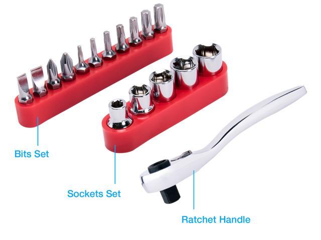 Rosewill RTK-018 Ratchet Bit Driver with Socket Set and Bit Set. 1/4 inch Ratchet at 48 FT/LBS of Torque. Bit Set of Flat Bits, Phillips Bits, Torque Bits. Socket Set of 5 Sizes Sockets. Rosewill Tool Mini Ratchet