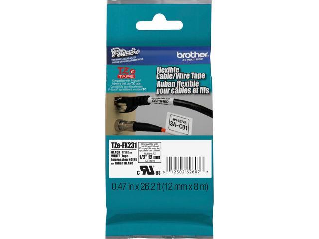 Brother TZE-FX231 Black on White Flexible ID Tape for P-touch Label Printer, 12 mm (0.47")  x 8 m (26.20 ft.) - 1 Each