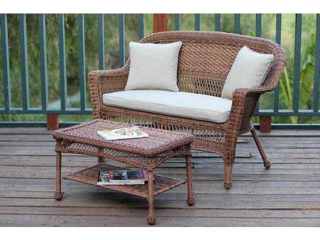 Jeco W00205 Lcs006 Honey Wicker Patio Love Seat And Coffee Table