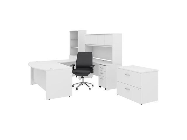 Bush Business Furniture Stc036whsu 72 X 36 In Studio C U Shaped Desk With Hutch Bookcase File Cabinets Mid Back Office Chair White Newegg Com