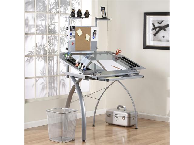 Offex Futura Tower Blue Tempered Glass Top Drafting Table Silver