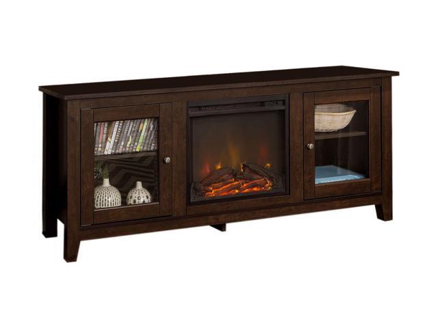 WE Furniture 58" Wood Console Media TV Stand with Fireplace - Traditional Brown