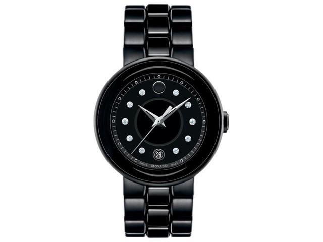 Movado Cerena Ladies Black Ceramic Diamond Swiss Quartz Watch 0606693