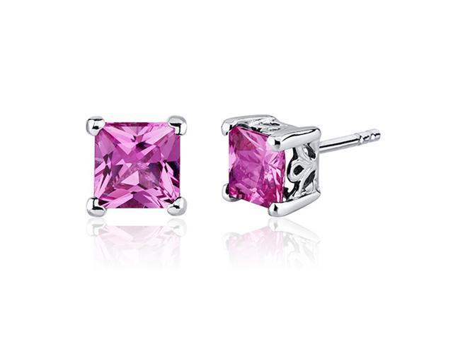 3.00 Carats Pink Sapphire Princess Cut Scroll Design Stud Earrings in Sterling Silver