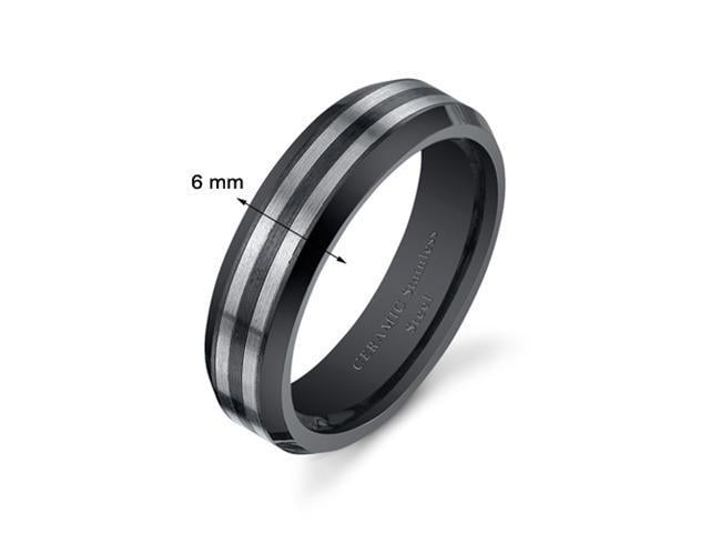 Black Striped 6mm Mens and Womens Stainless Steel Ceramic Wedding Band Ring Available in Sizes 5 to 13