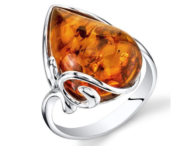 Baltic Amber Large Tear Drop Ring Sterling Silver Cognac Color Size 5 to 9 