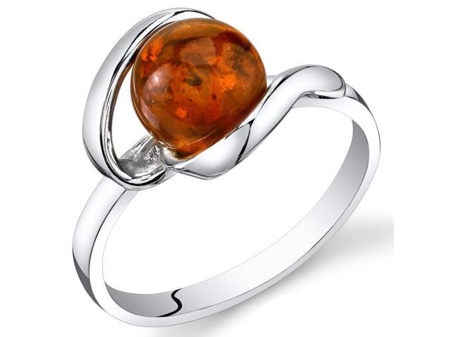 Baltic Amber Open Spiral Ring Sterling Silver Cognac Color Round Shape, Sizes 5 through 9