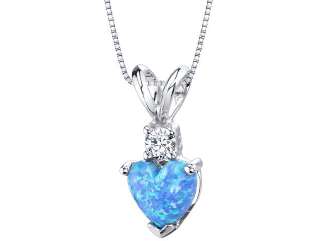 14k White Gold Heart Shape Created Blue Opal Diamond Pendant