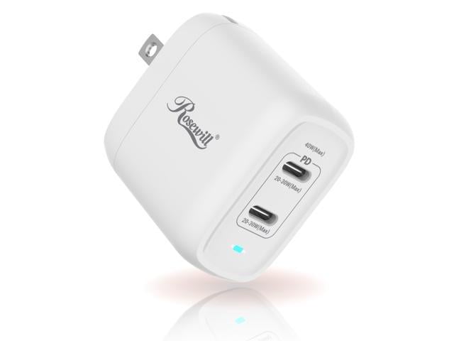 Rosewill 40W Two-Port GaN Wall Charger with 2 USB-C Ports (20W), Up to 30W Single Port Output, PD 3.0 Power Delivery for Laptops, Tablets and Phones, White - (RBWC-20036)