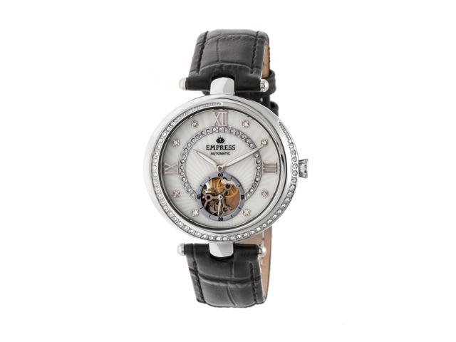 Empress Stella Automatic Semi-Skeleton Dial Leather-Band Watch - Black/White