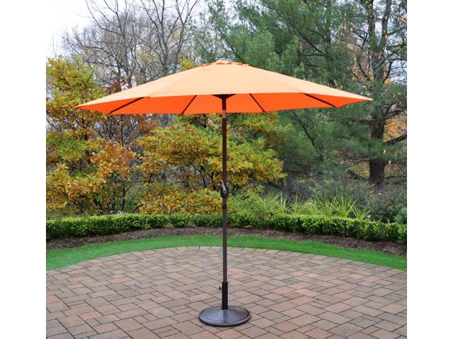 9 Orange And Brown Patio Umbrella With Crank And Tilt And Cast Iron Base Newegg Com