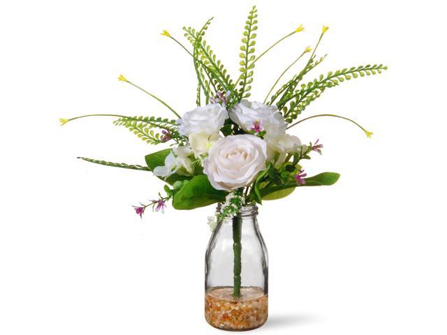 12 Artificial White Rose Flower Arrangement In Glass Vase