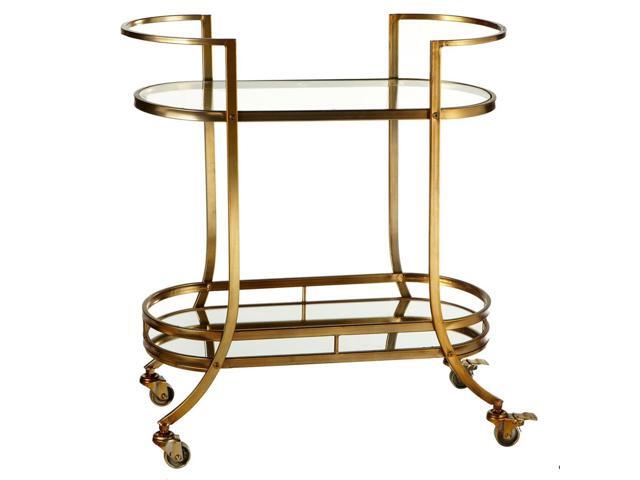 32 Antiqued Gold Iron Two Tiered Bar Cart With Mirror And Glass Antiqued Gold Iron Two Tiered Bar Cart