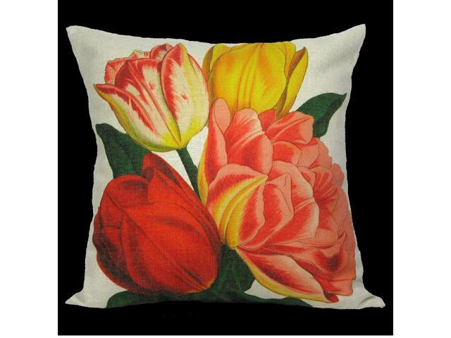 Beautiful Red Coral And Yellow Tulip Throw Pillow With Tan Backing