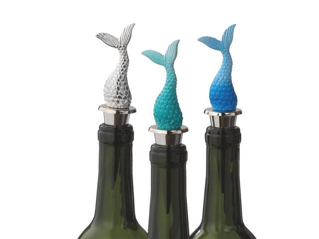 Set Of 3 Blue Silver And Aqua Mermaid Tail Decorative Wine Bottle