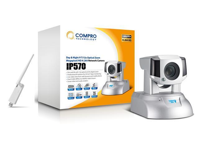 Compro IP570 Megapixe/HD Wireless Network Camera, Pan/Tilt, 12X optical Zoom & 10x digital Zoom, Max 1280x1024 resolution, H.264 & MPEG-4, Day/Night Vision, Support for 802.11 b/g/n wireless standards