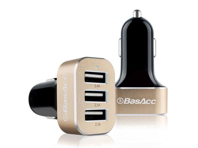 BasAcc 6.6A/33W Premium Aluminum 3-Port USB Rapid Portable Travel Car Charger w/ Smart Sense IC for Smartphone & Tablet - Black/Gold