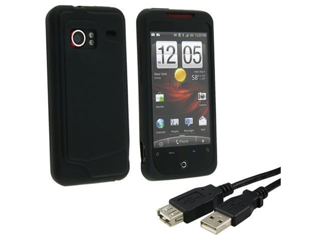 Black Soft Silicone Skin Case + 15 FT USB Extension Cable compatible with HTC Droid Incredible