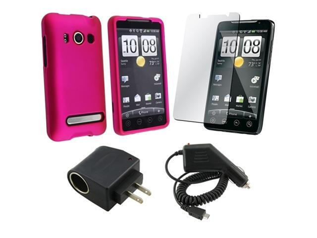 compatible with HTC EVO 4G Bundle Kit - Hot Pink Rubberied Hard Case + Car Charger + Lcd Protector + Ac To Dc Car Cigarette Lighter Socket Adapter