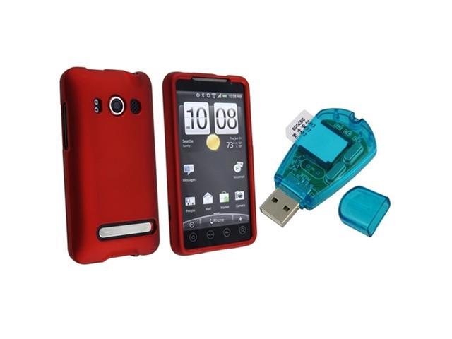 compatible with HTC EVO 4G Red Rubberized Snap On Case + Sim Card Reader