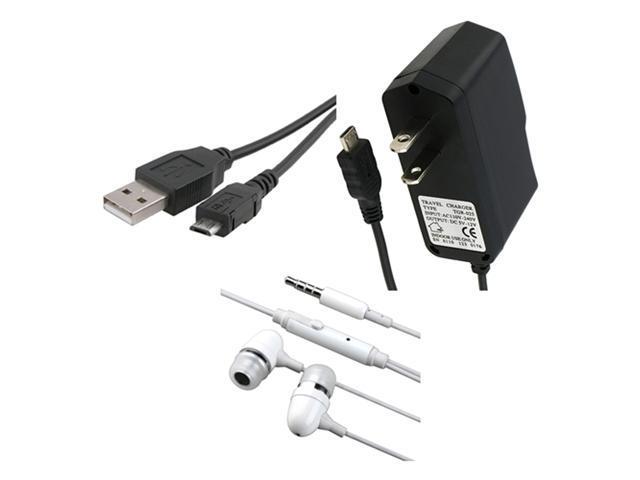 3.5mm White In-Ear Stereo Headset + Micro USB Data Cable + Travel and Home Charger compatible with LG Vx8560 Chocolate 3 / Motorola Razr Ve20 / Rokr E8
